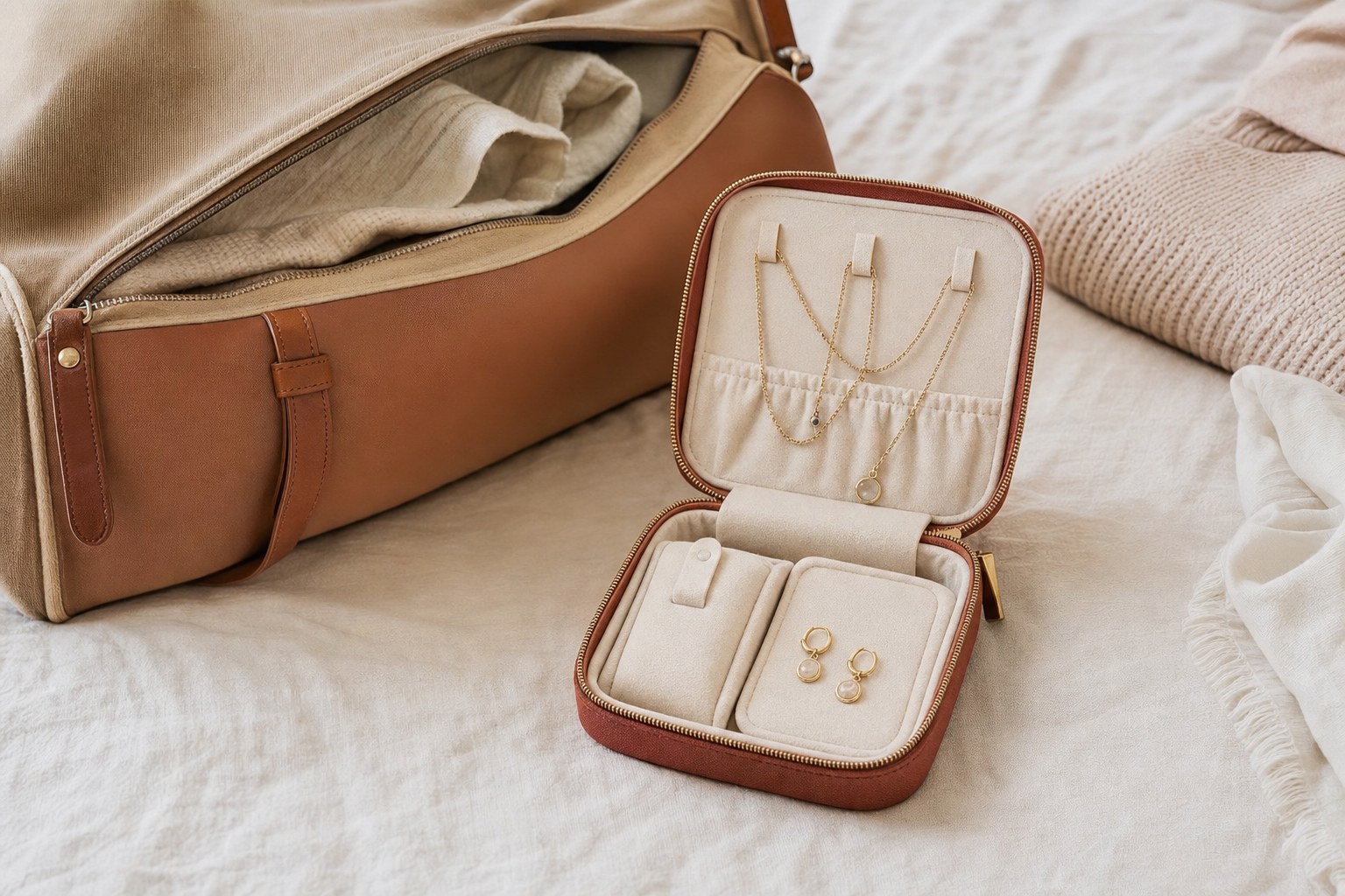 Compact travel jewelry case with necklaces and earrings packed separately beside a weekend bag