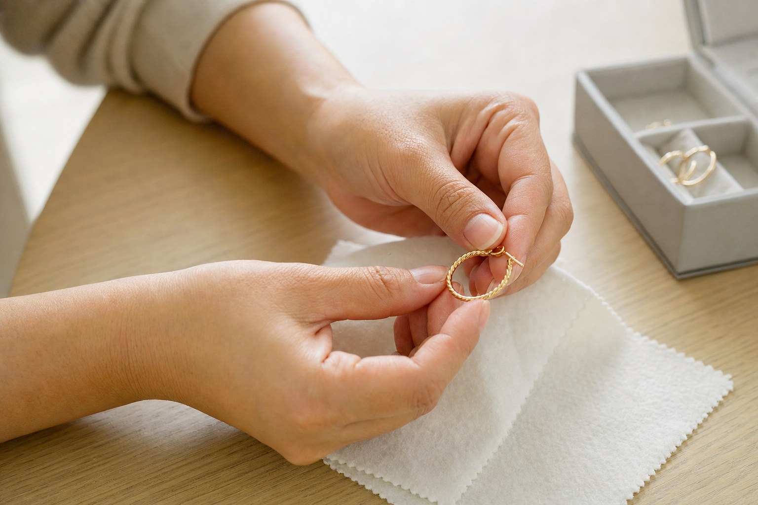 Hands holding a gold-toned hoop earring above a clean microfiber cloth