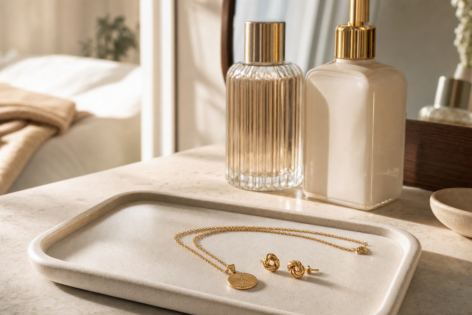 Gold-toned necklace and earrings resting on a tray beside unlabeled beauty bottles
