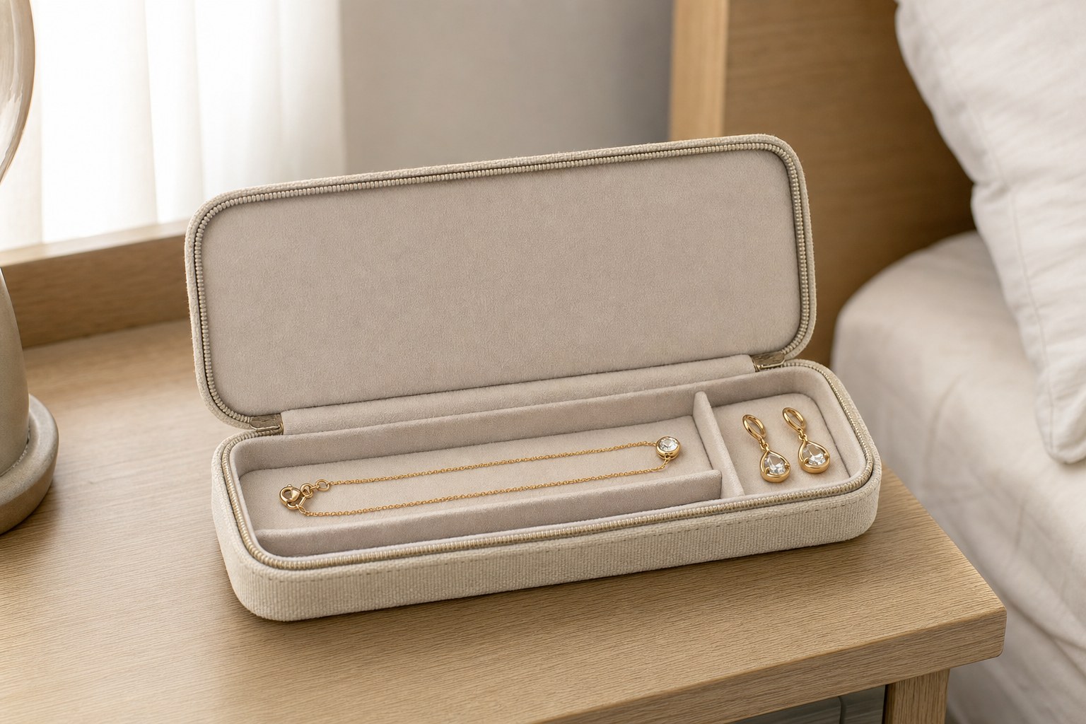 Gold-toned necklace and earrings stored separately in a soft-lined jewelry box