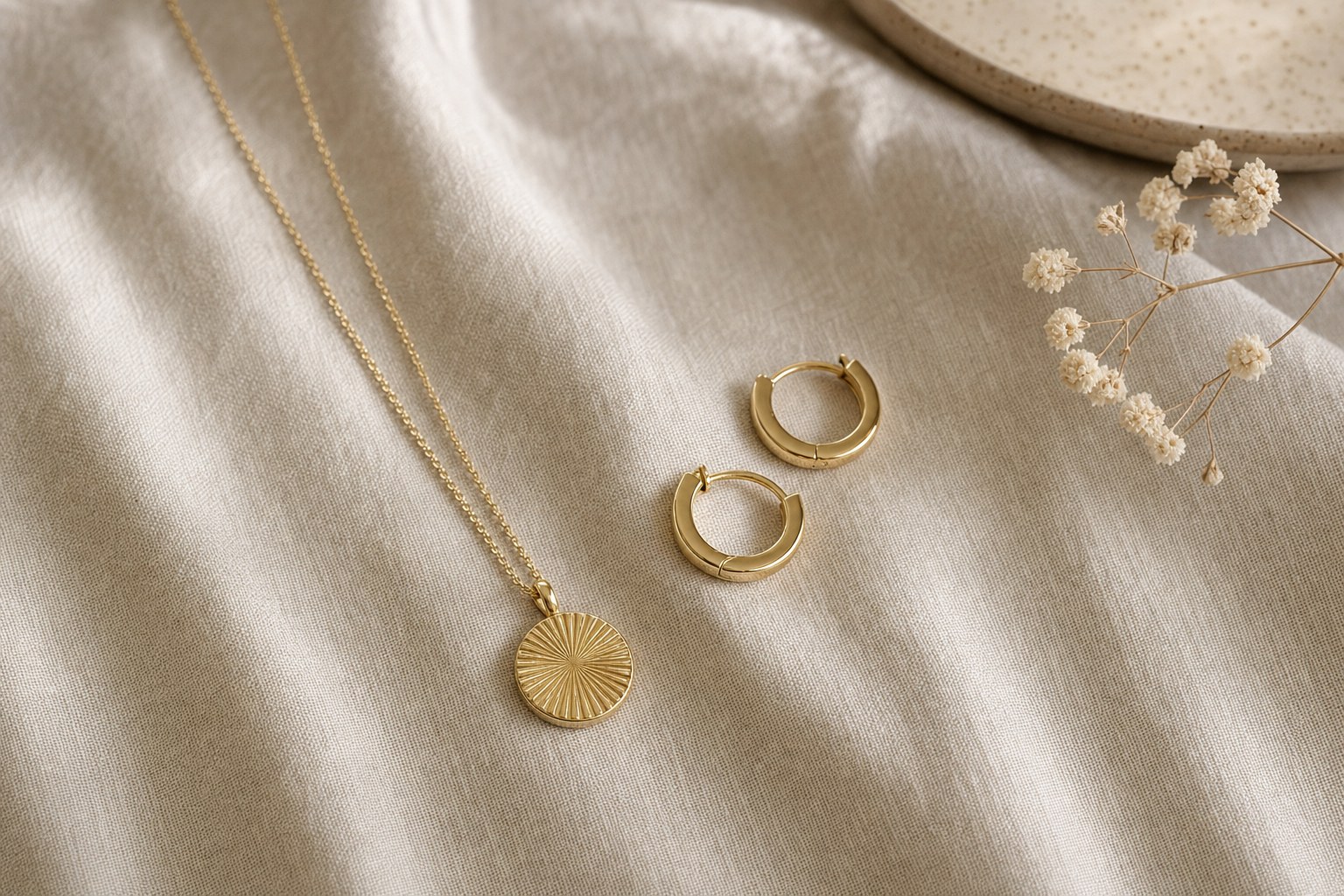 Gold-toned hoop earrings and a pendant necklace arranged on soft linen