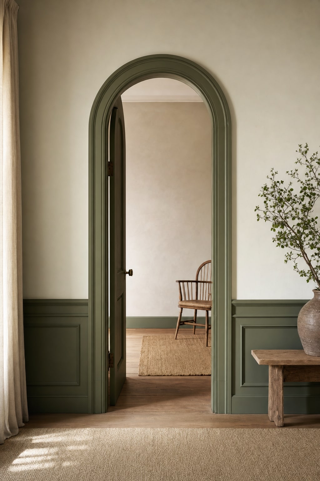 An open arched doorway in a quiet room, with a chair visible beyond it