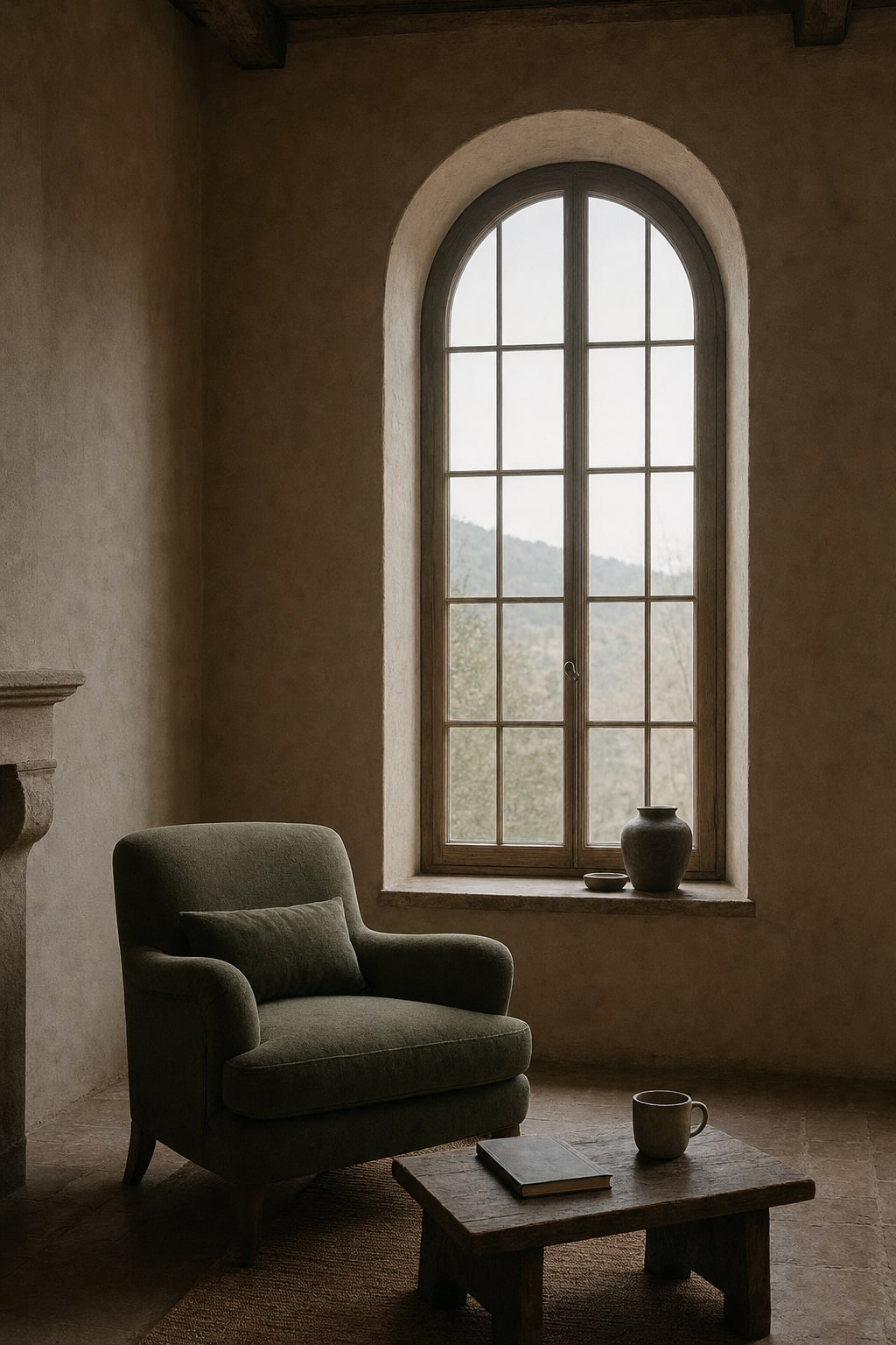 A moss-green chair beside a tall arched window in a quiet private room