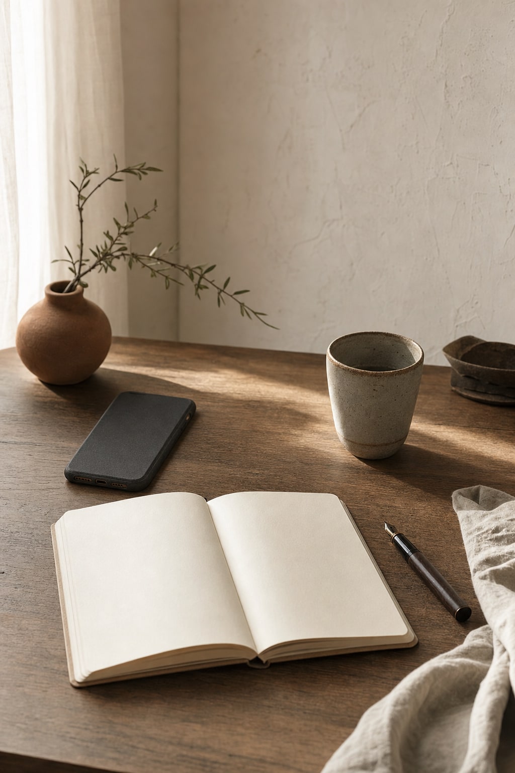 A phone turned face down beside an open notebook, pen and cup
