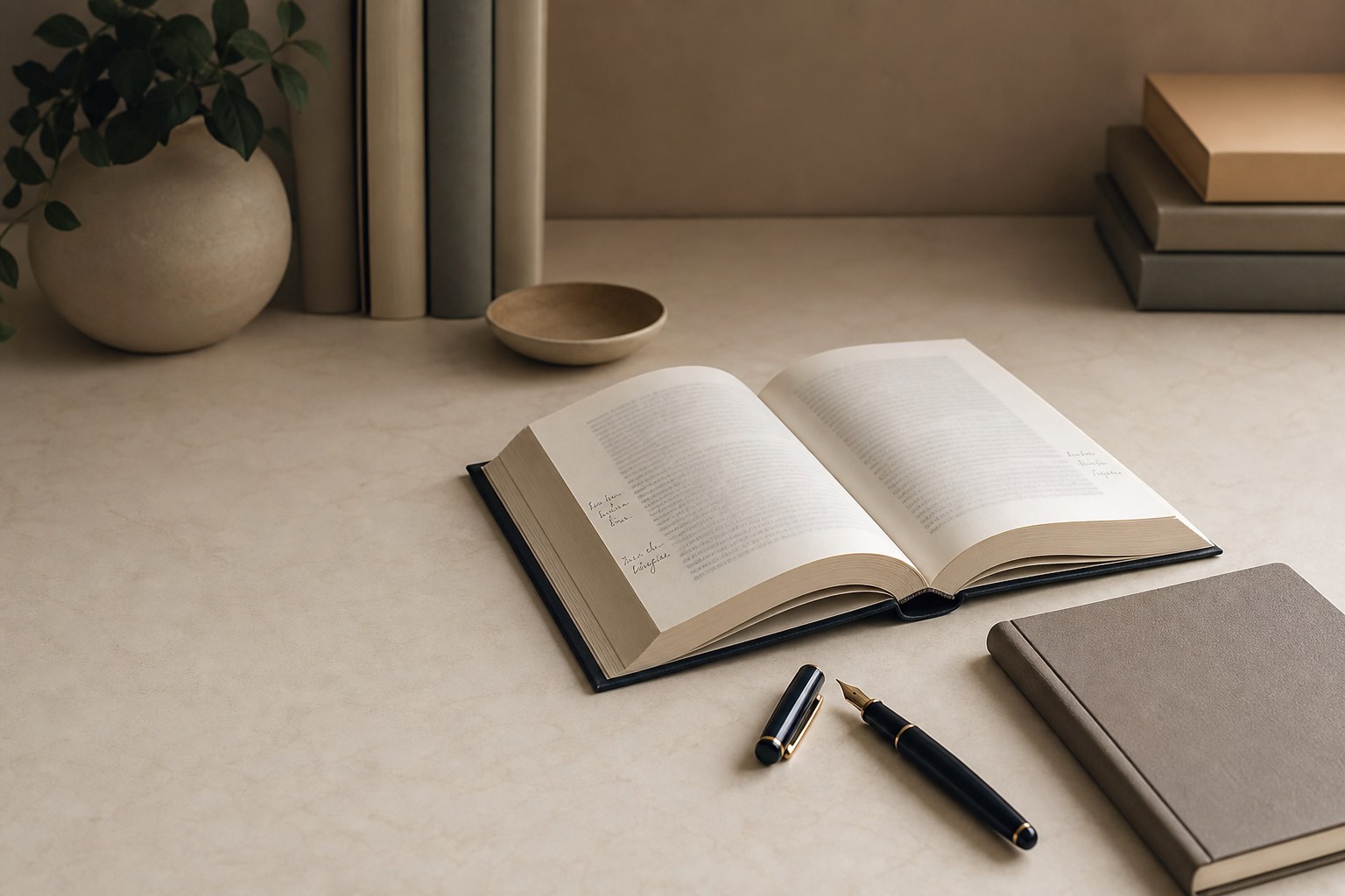 An open book, notebook and fountain pen on a quiet writing desk