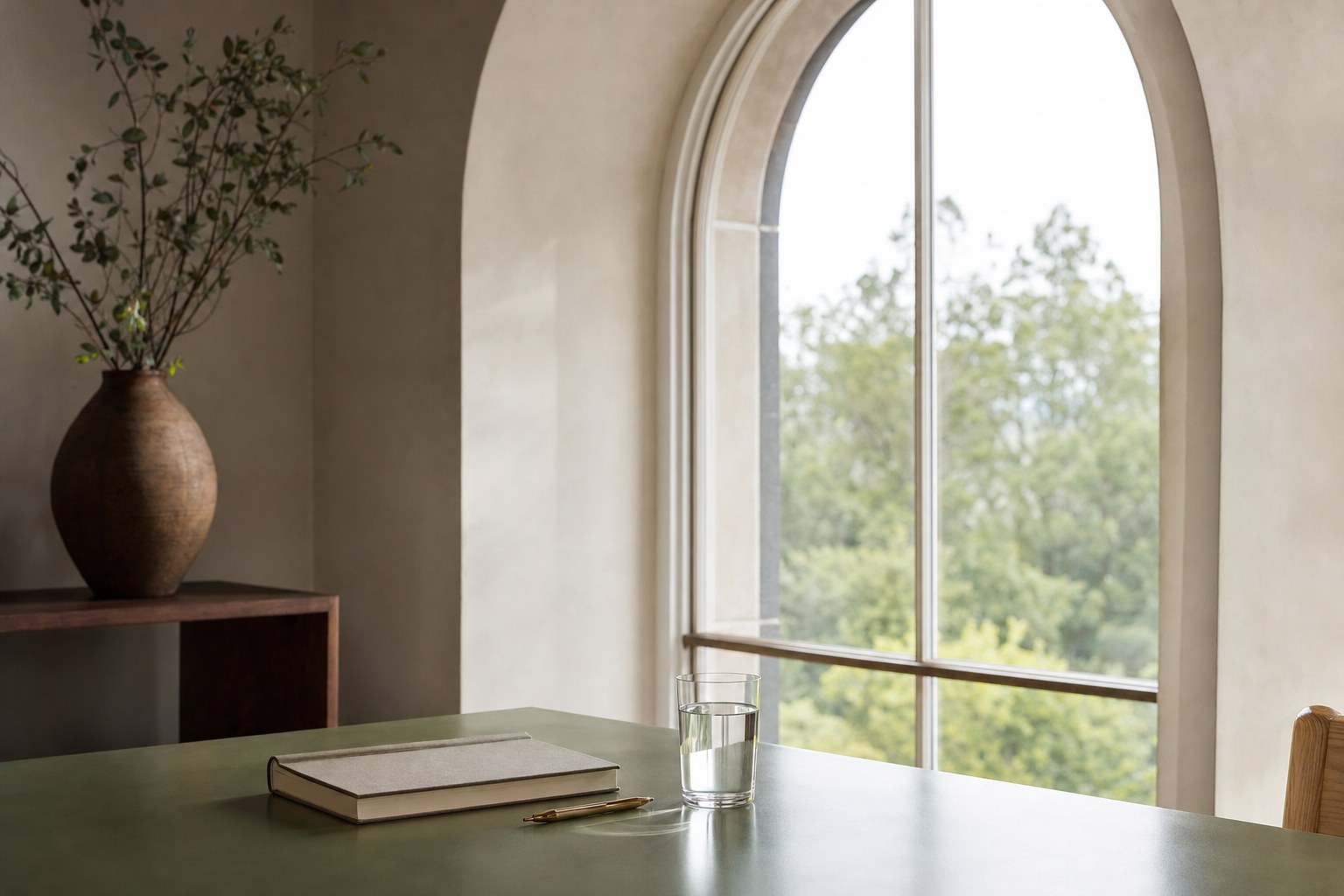 A notebook, pen and glass of water in a quiet room