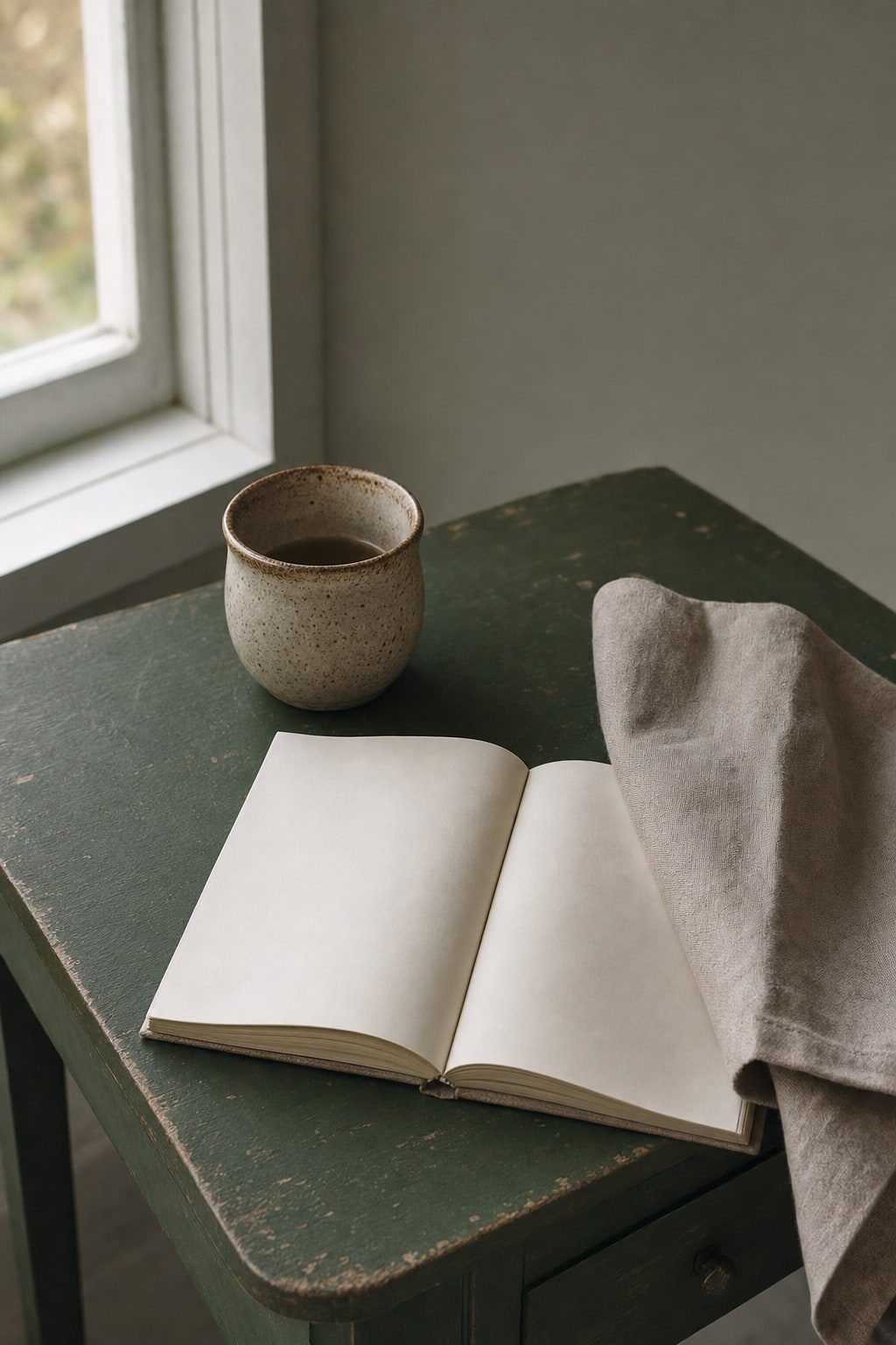 A cup and open notebook on a green table beside a window