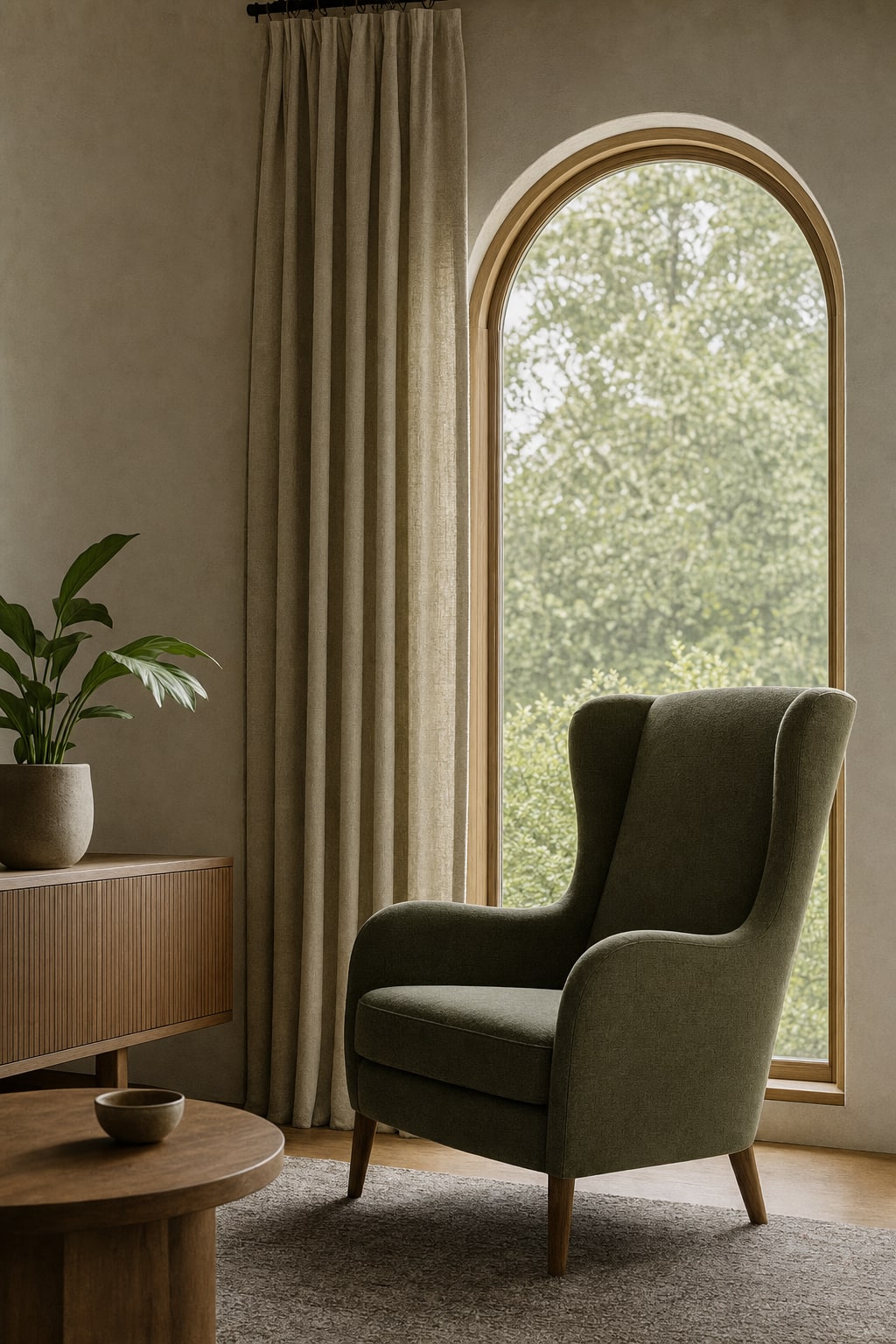 A quiet chair beside a tall arched window
