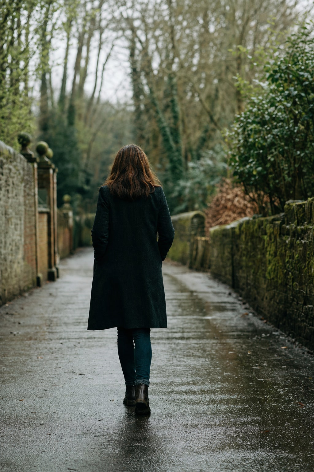 A person walking alone along a quiet tree-lined path