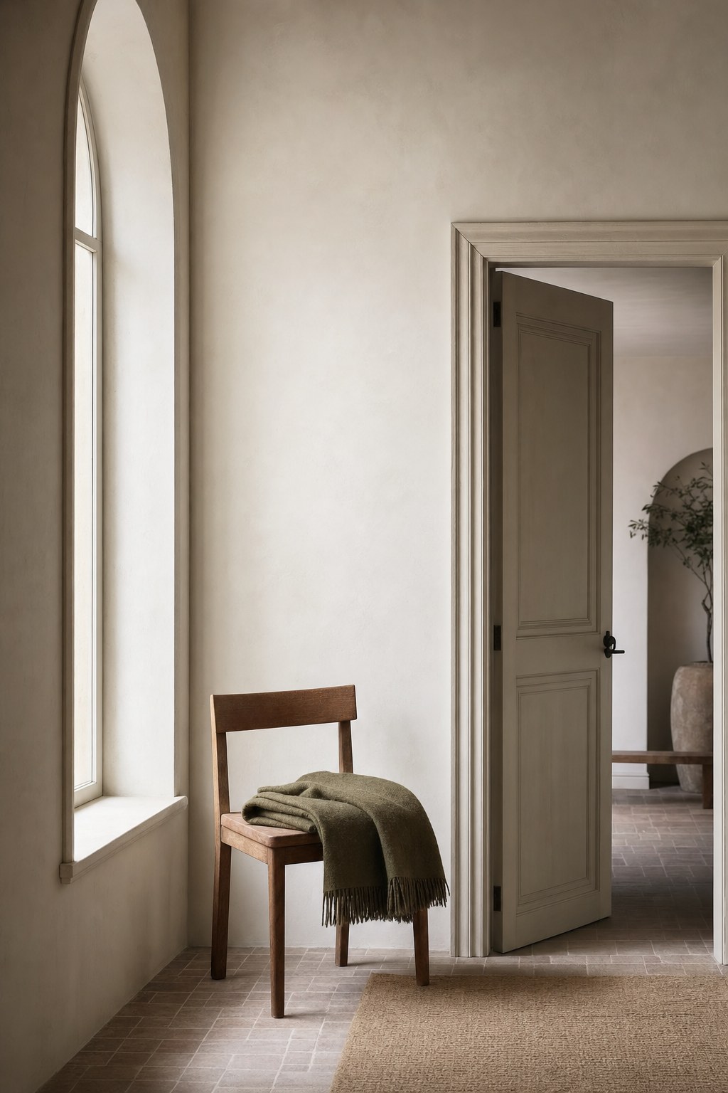 A wooden chair with a moss-green throw beside a tall arched window and open doorway