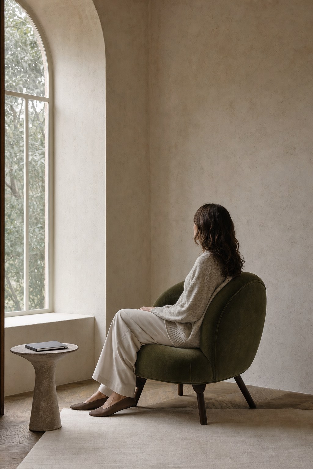 A person sitting quietly in a moss-green chair beside a tall arched window