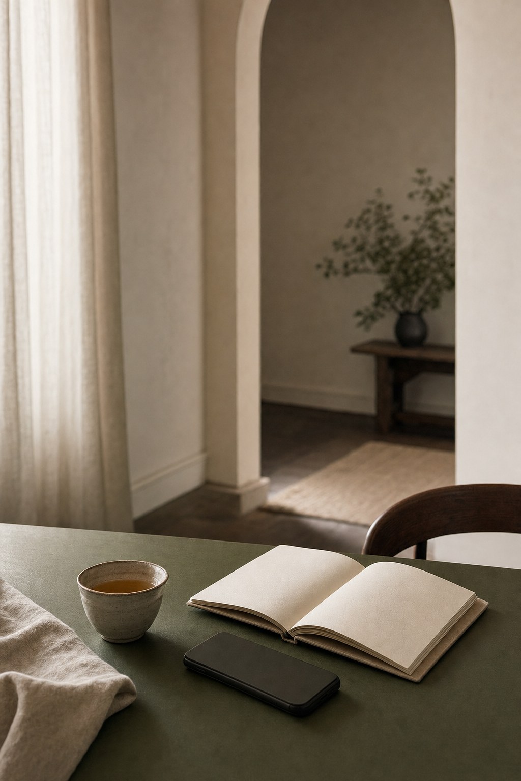 A phone placed face down beside a cup of tea and an open notebook