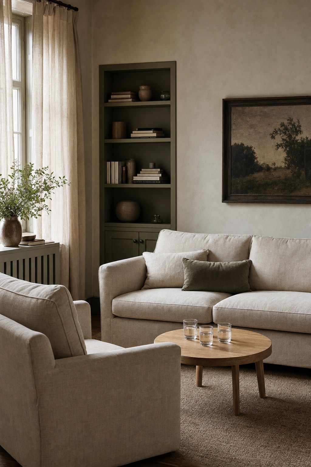 Three-seat sofa, armchair and three glasses of water prepared for a relationship counselling session
