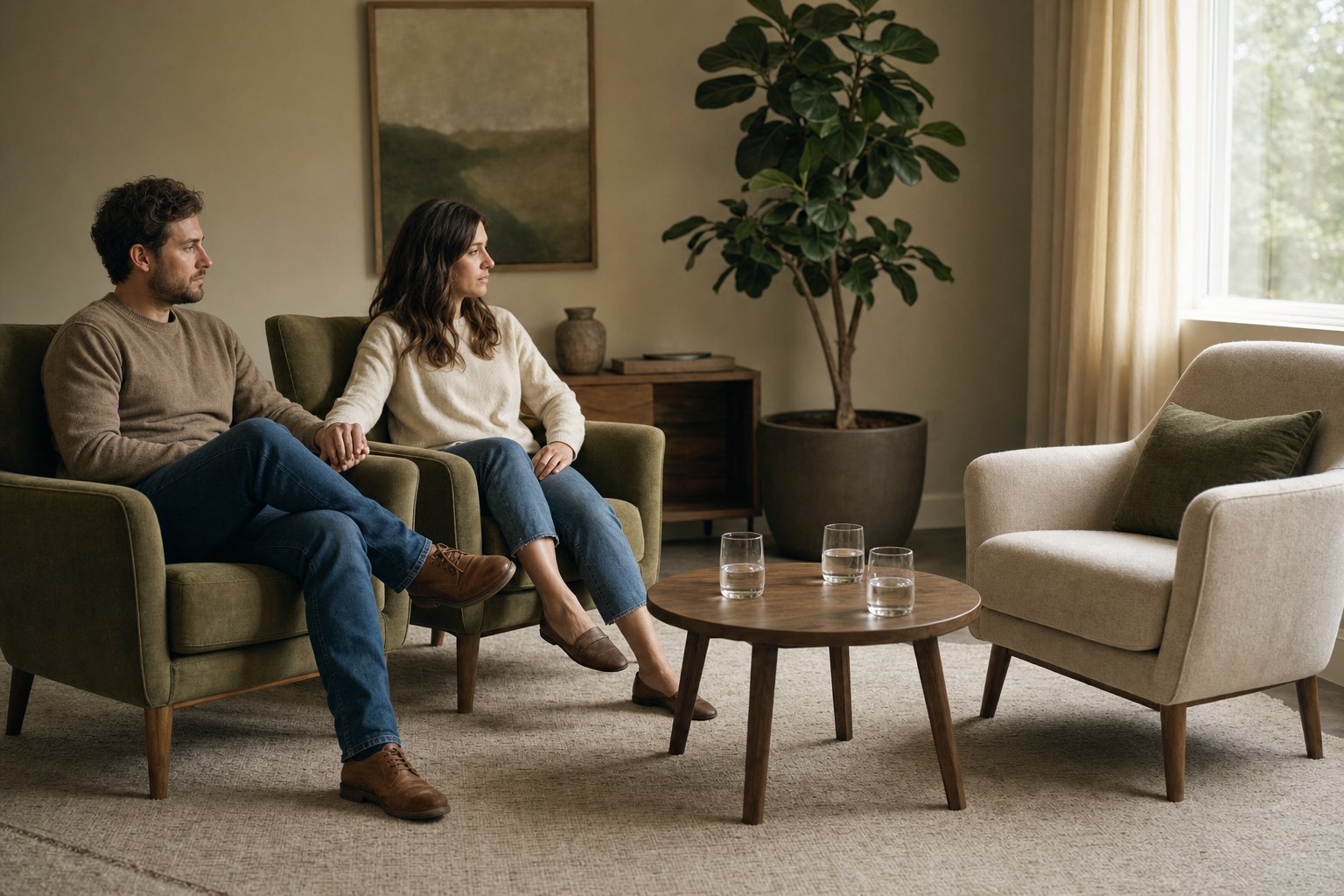 Couple holding hands in a calm therapy room with space prepared for a facilitator