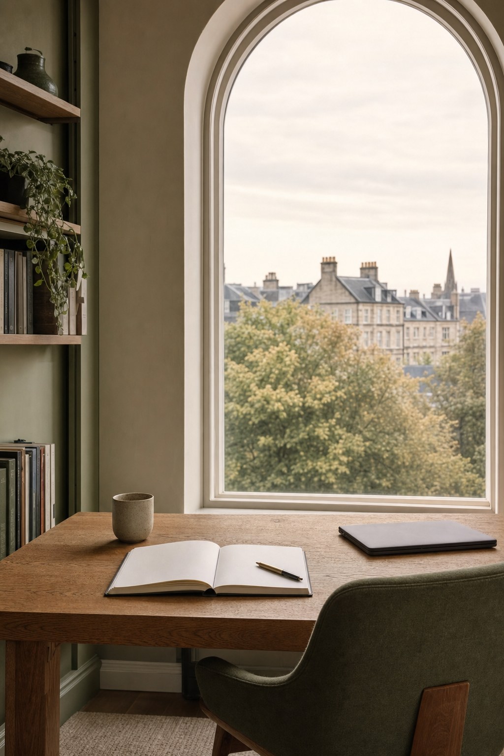 Thoughtful desk by a window, with an open notebook and closed laptop