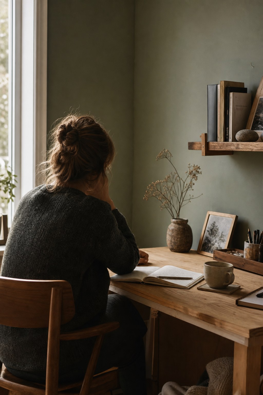 Person taking a thoughtful pause at a desk