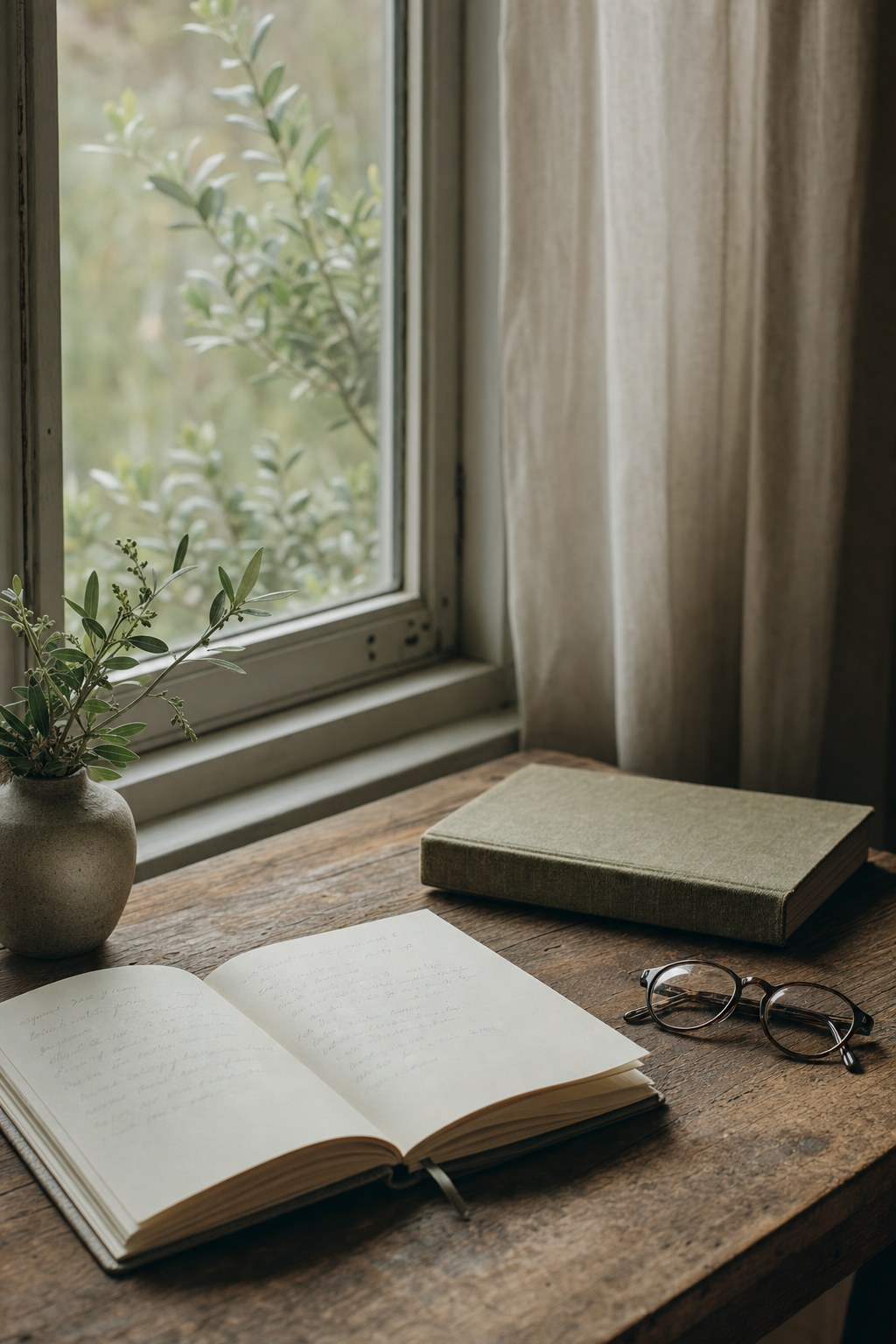 Open notebook, book and glasses beside a window