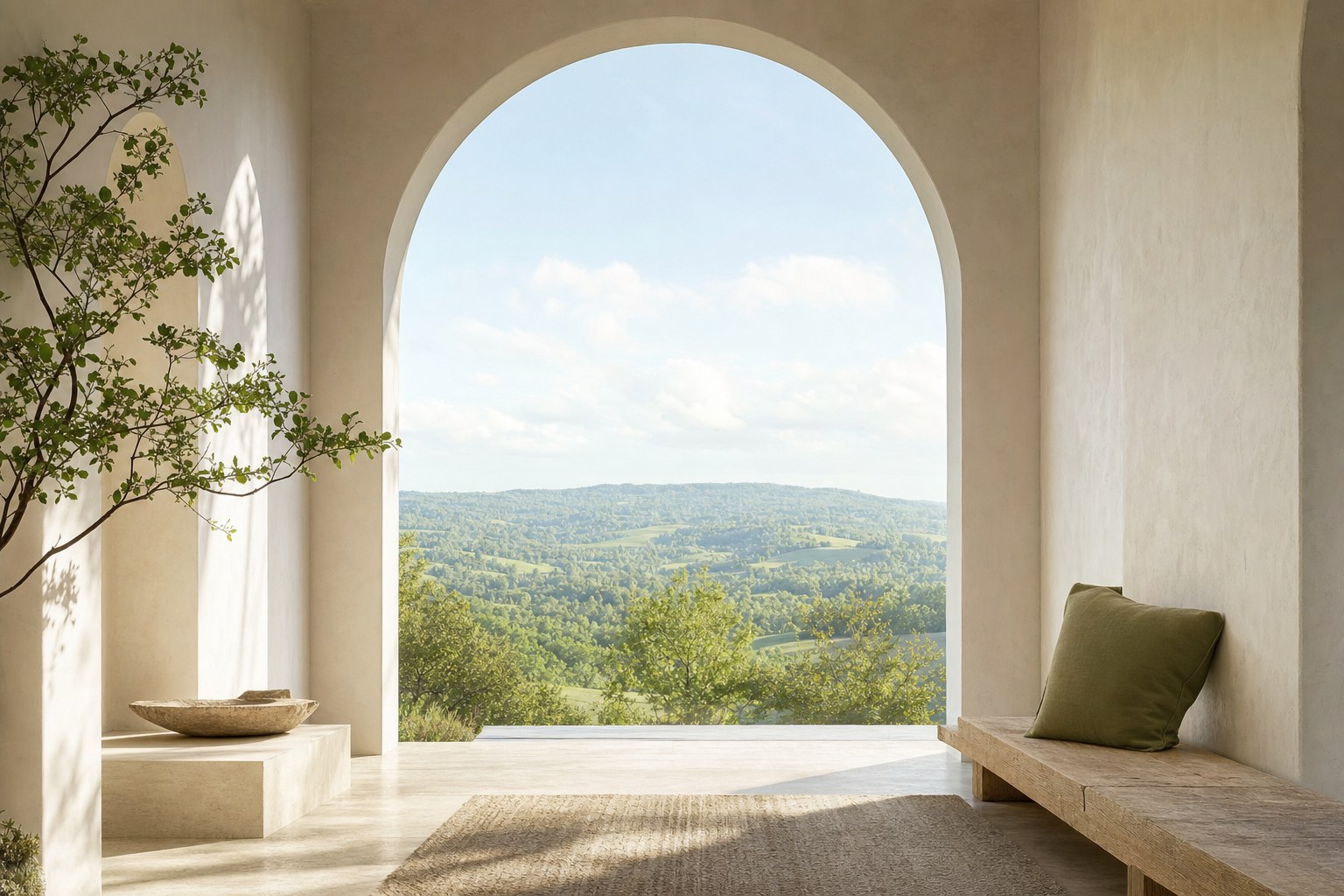 Arched opening onto a wide green landscape