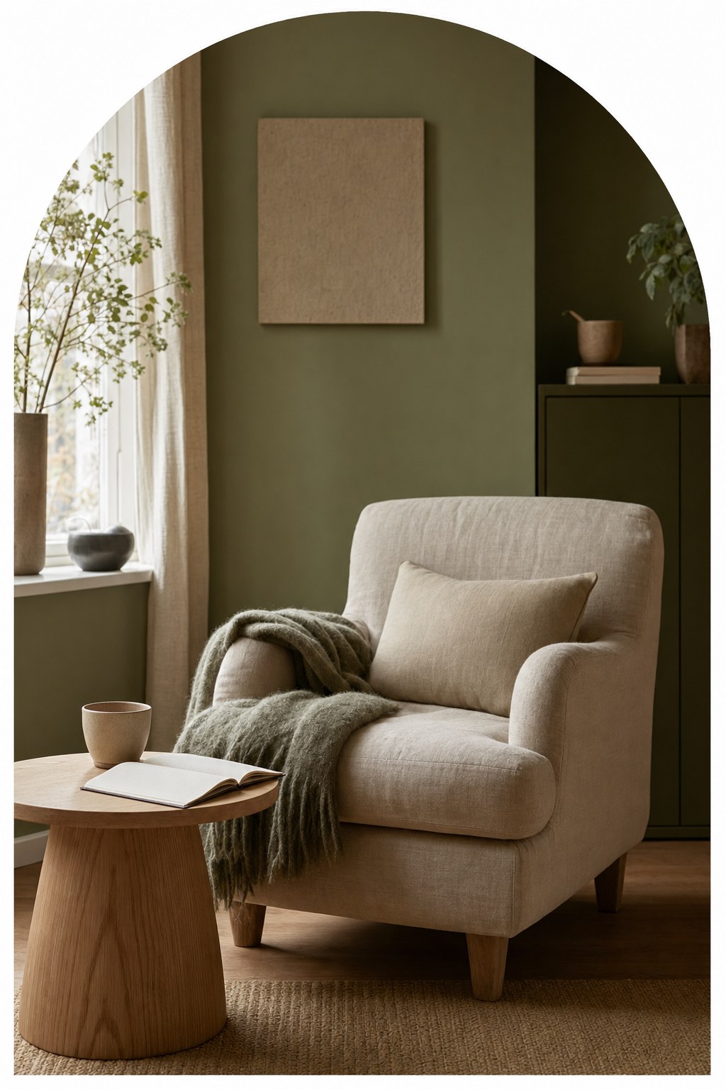 Quiet home setting with an armchair, notebook and cup