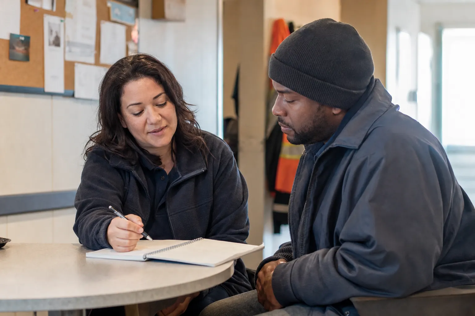 A supervisor coaching an employee through a notebook in a private conversation.