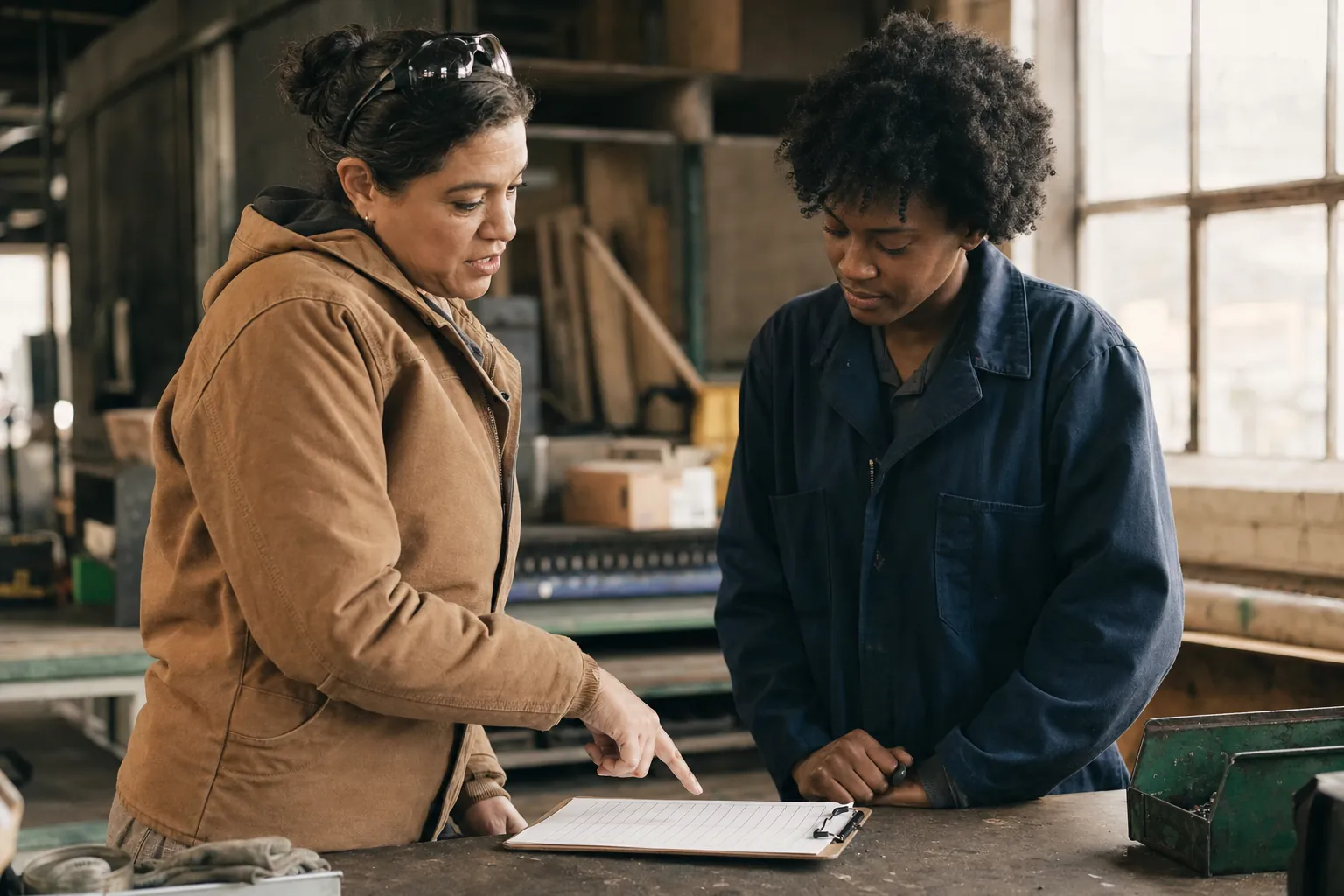 Two frontline coworkers reviewing a handoff checklist at a worktable.