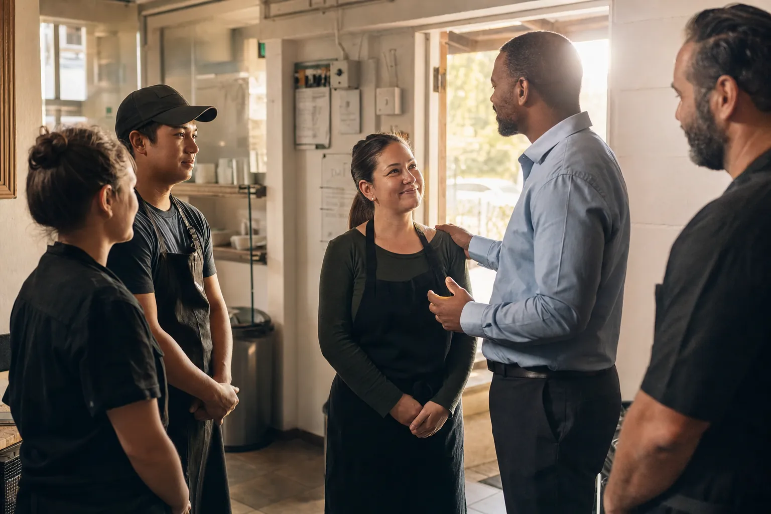 A supervisor recognizing a team member at the end of a shift.