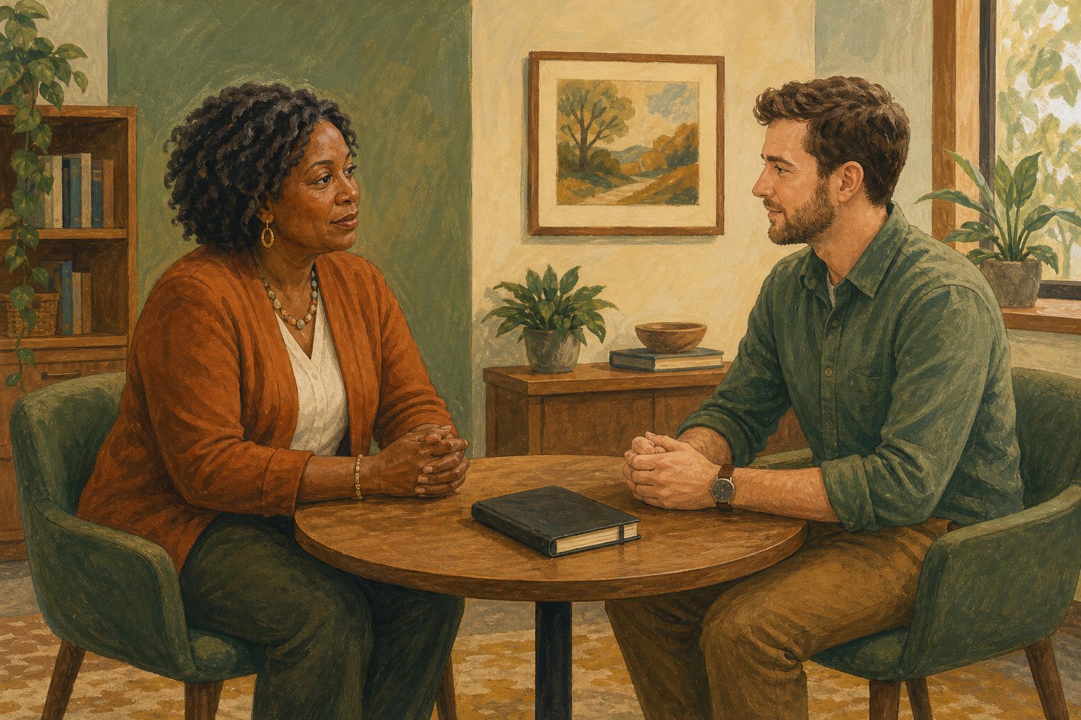 Illustration of two colleagues listening to each other across a table in a quiet office.