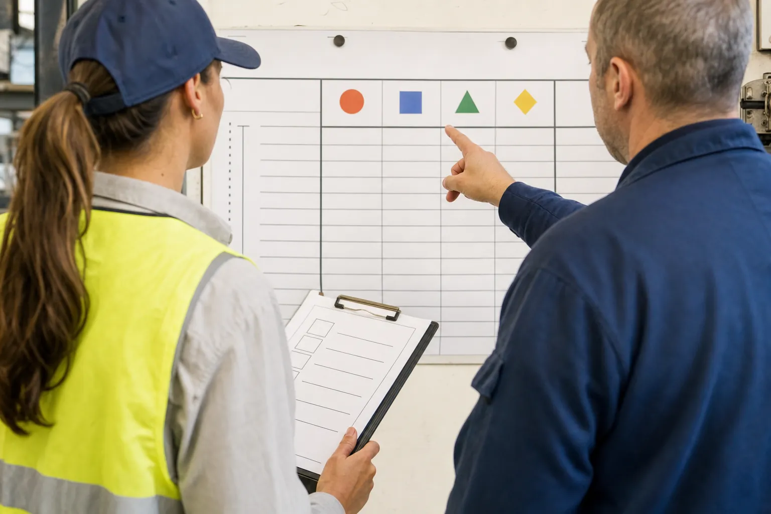 A supervisor and employee reviewing a simple task board before work begins.
