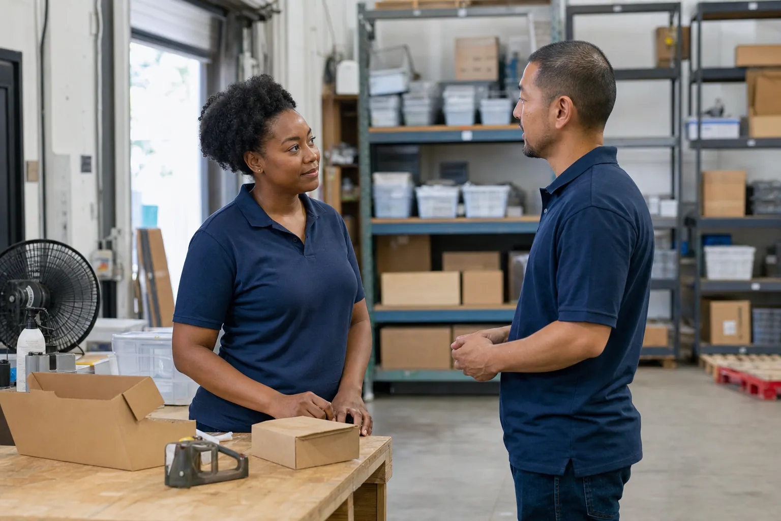 A supervisor and team member having a focused follow-up conversation at work.