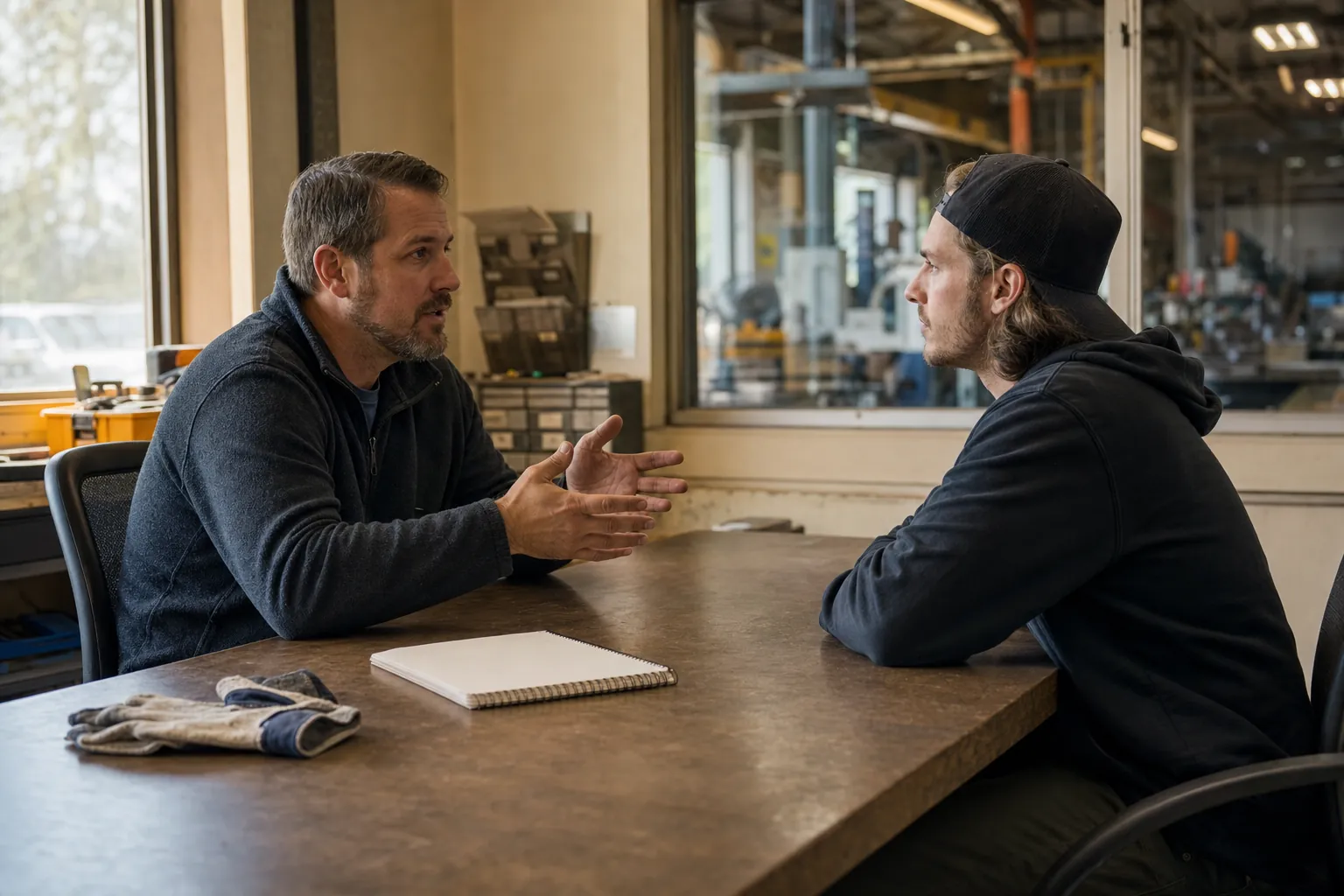 A supervisor and employee having a focused one-on-one conversation at a worktable.