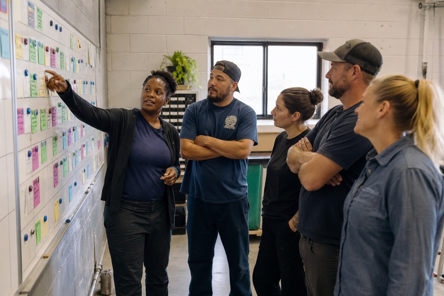 A frontline team making a practical plan together after a change announcement.
