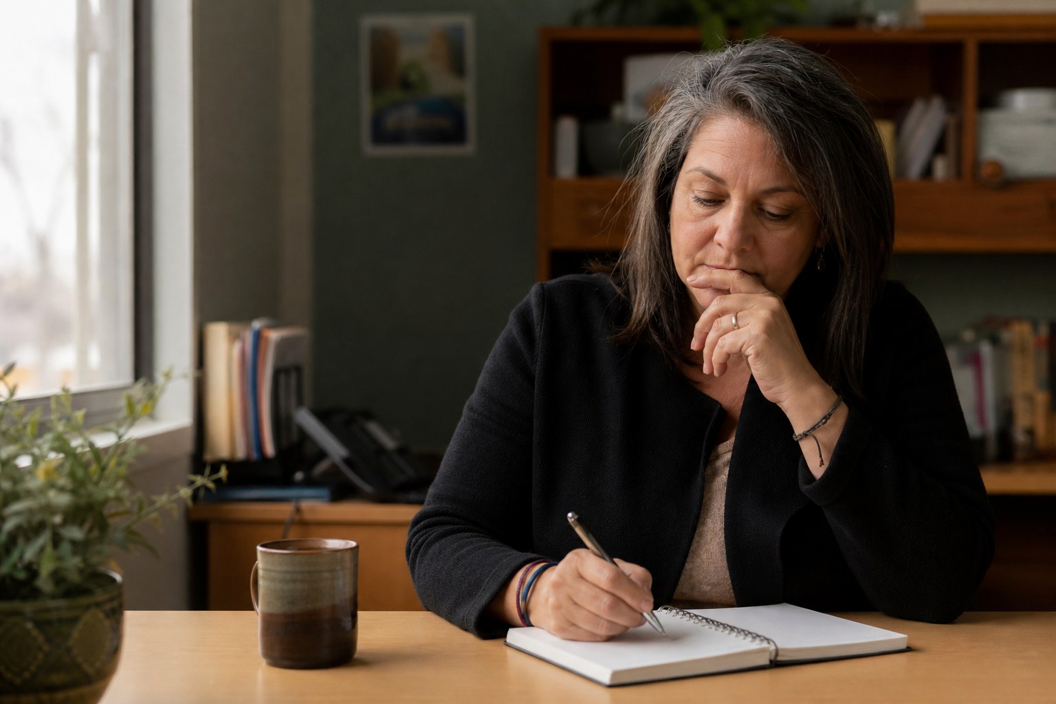 A frontline manager preparing notes before a difficult announcement.