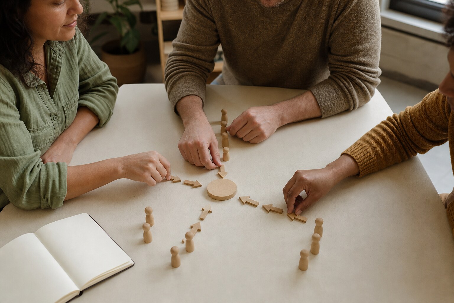 Colleagues arranging different routes toward one shared destination on a table.