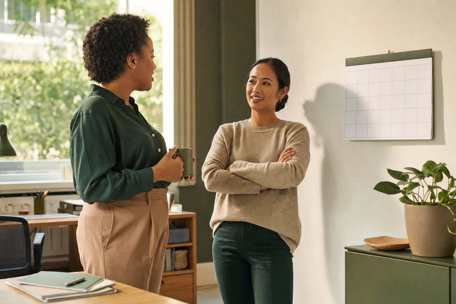 A supervisor and employee having a relaxed follow-up conversation near a work calendar.