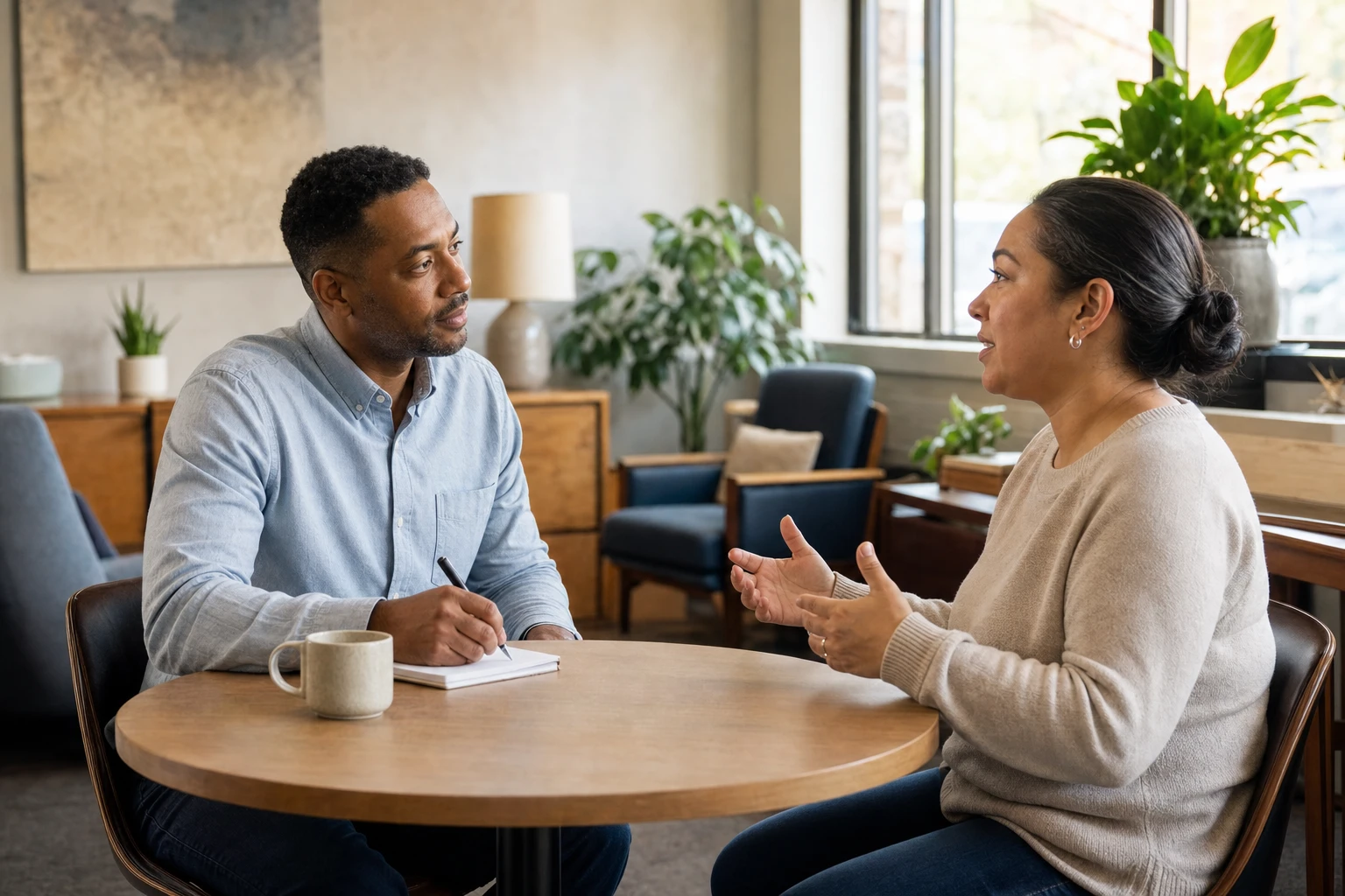 A supervisor listening carefully during a one-to-one coaching conversation with an employee.