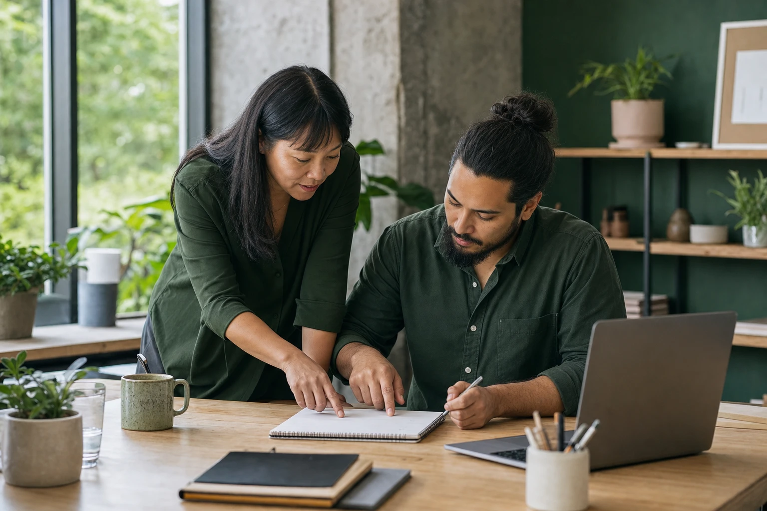 A manager and employee reviewing one next step together at a shared worktable.