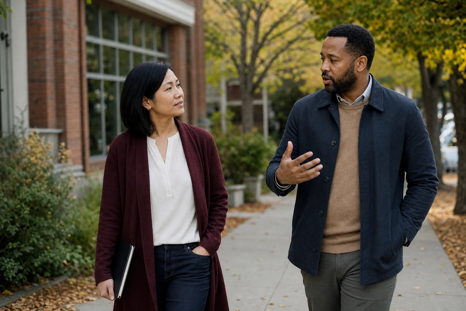 Two colleagues having a thoughtful conversation while walking outside their workplace.