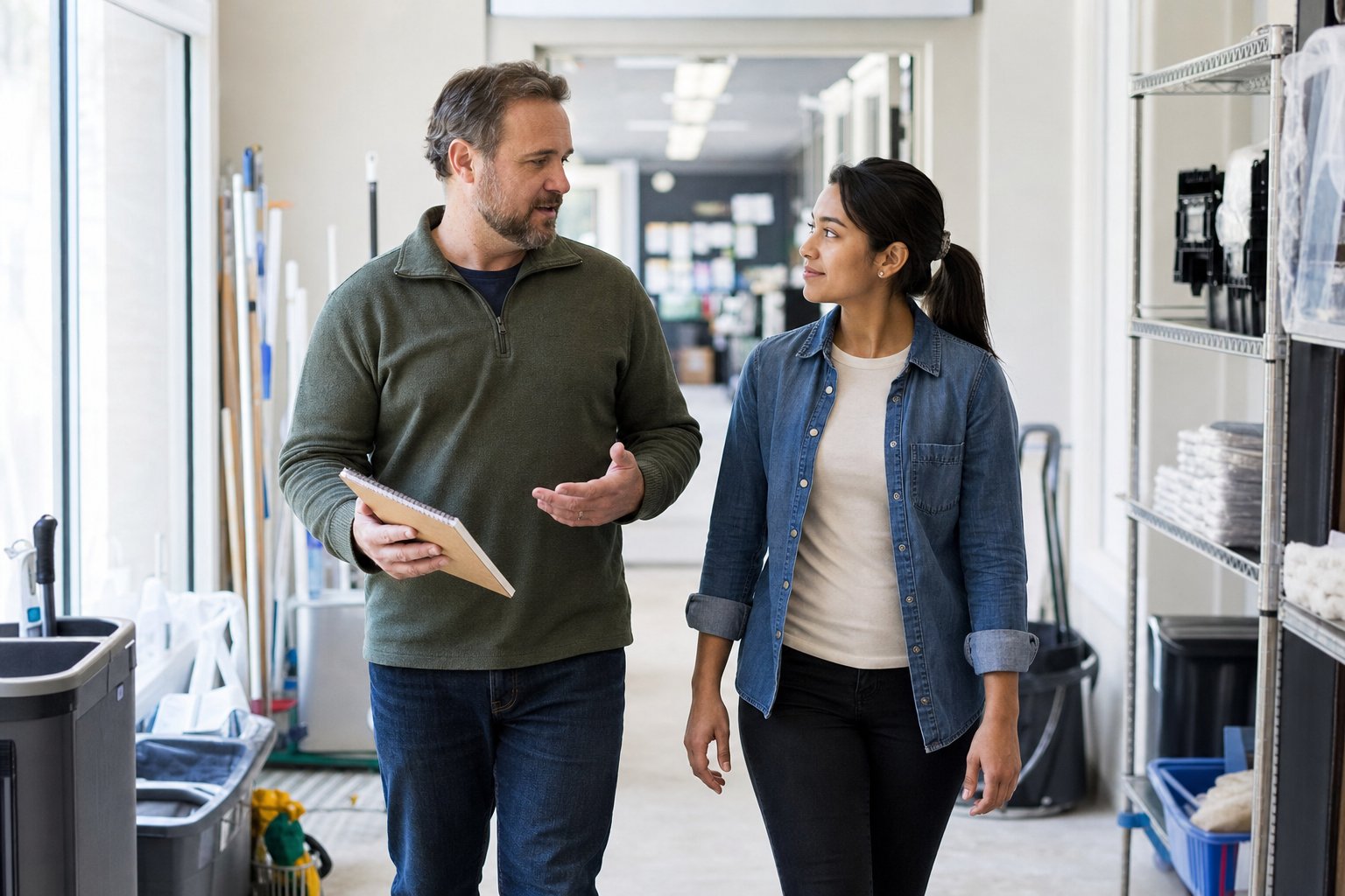 A supervisor and employee having a brief follow-up conversation while walking through a work area.