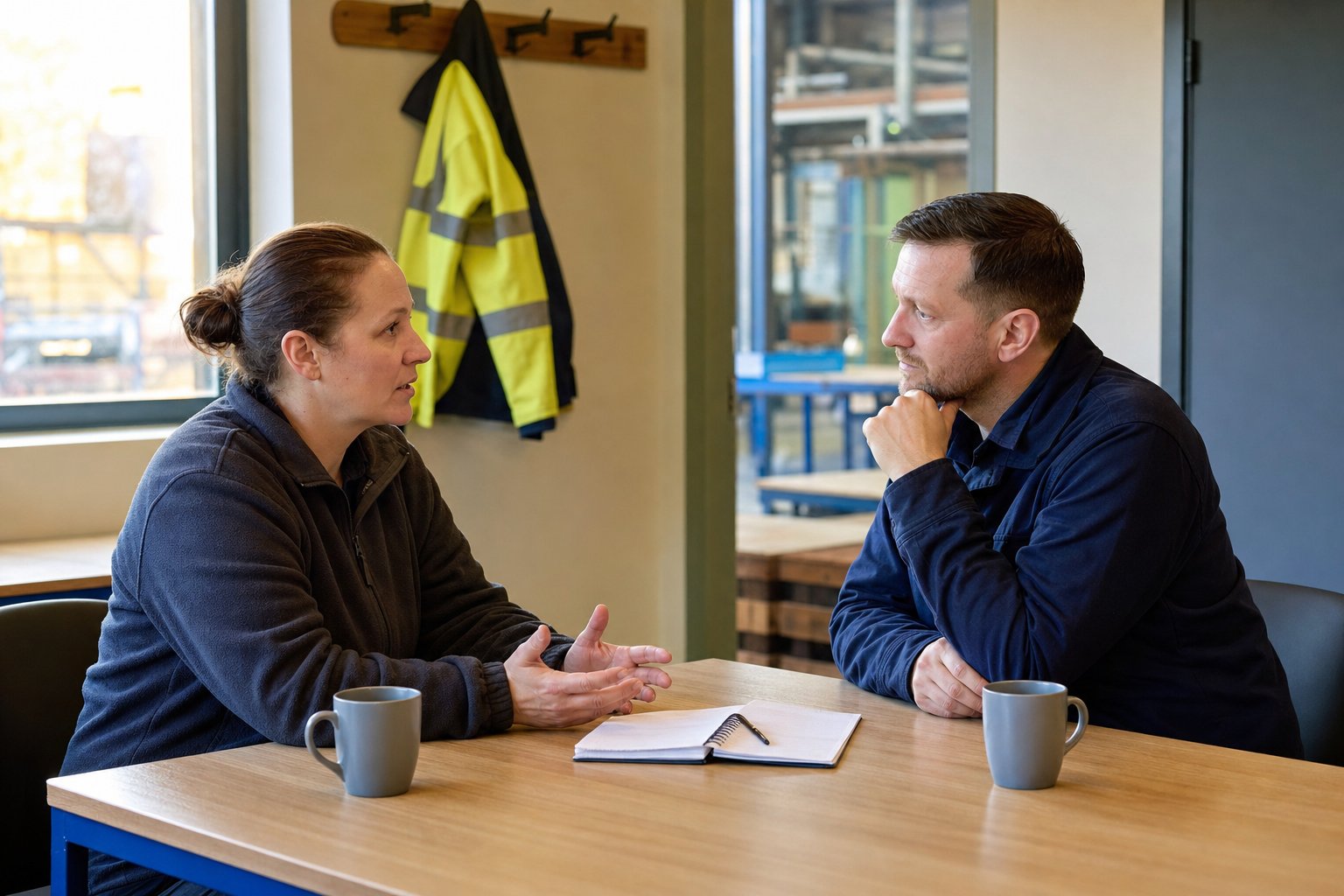 A frontline supervisor listening carefully during a private feedback conversation with an employee.