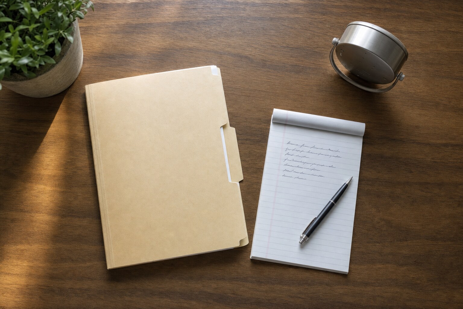 A folder, notepad, pen, and clock arranged on a wooden desk for a prepared conversation.