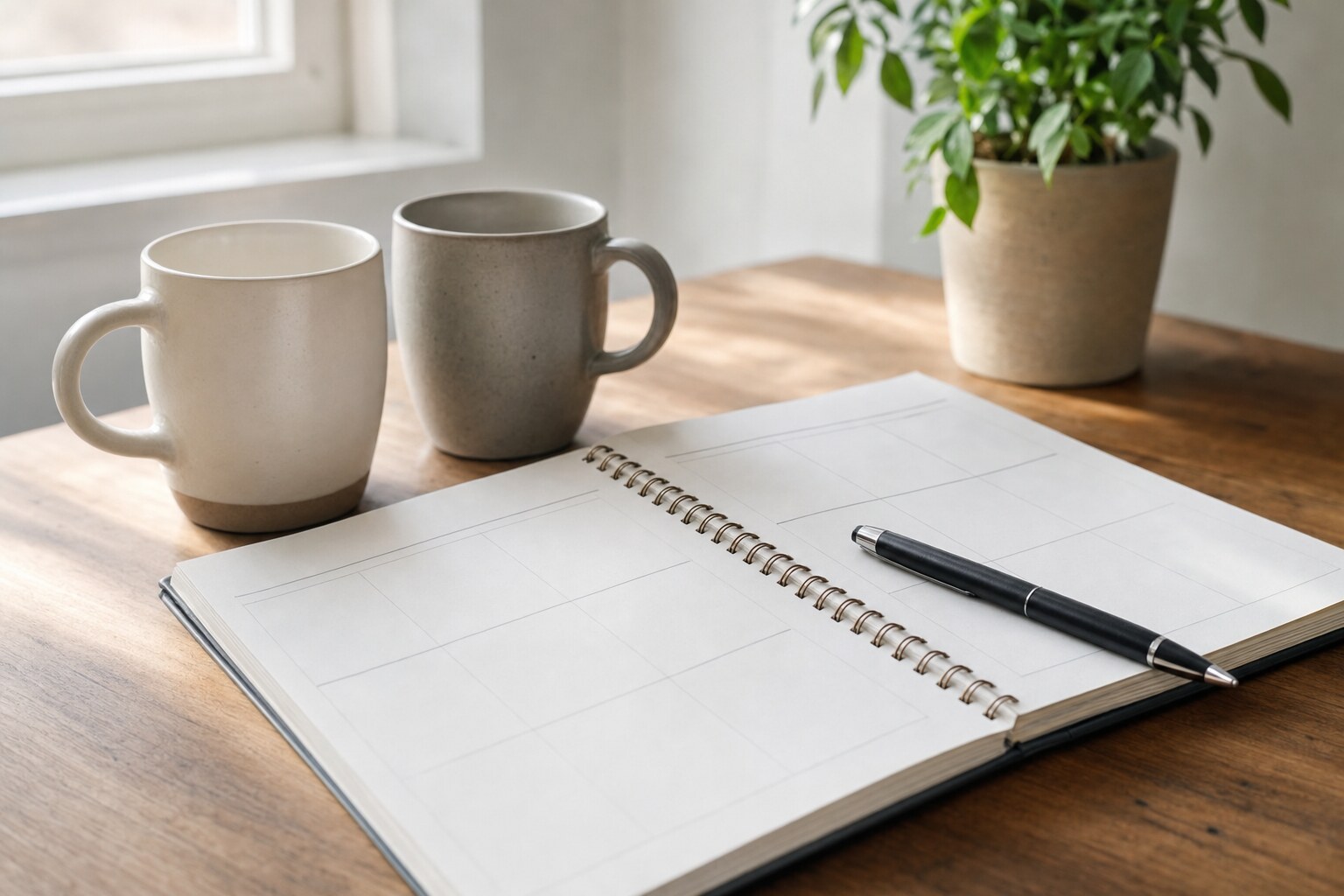 Two mugs, an open blank weekly planner, and a pen on a sunlit worktable.
