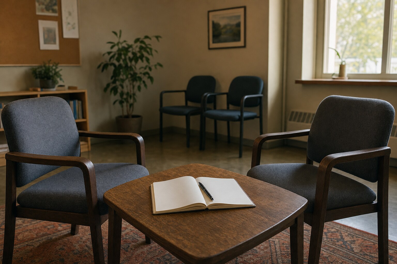 Two empty chairs facing one another across a small table with an open notebook, ready for a thoughtful conversation.
