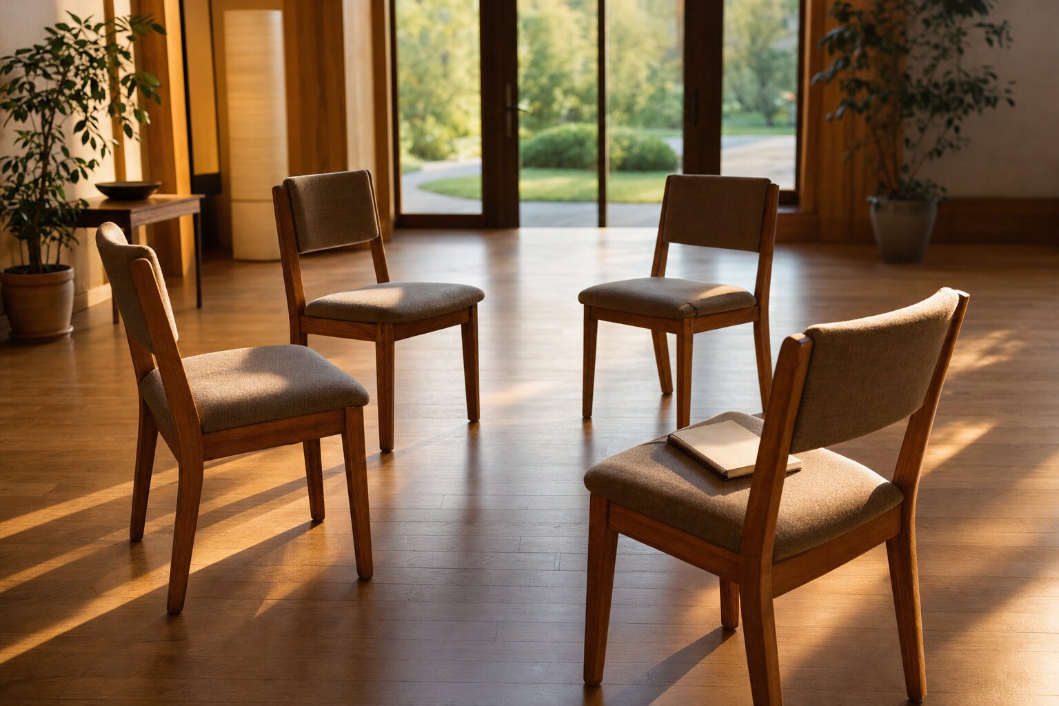 Four chairs arranged in a quiet conversation circle with a notebook resting on one seat.
