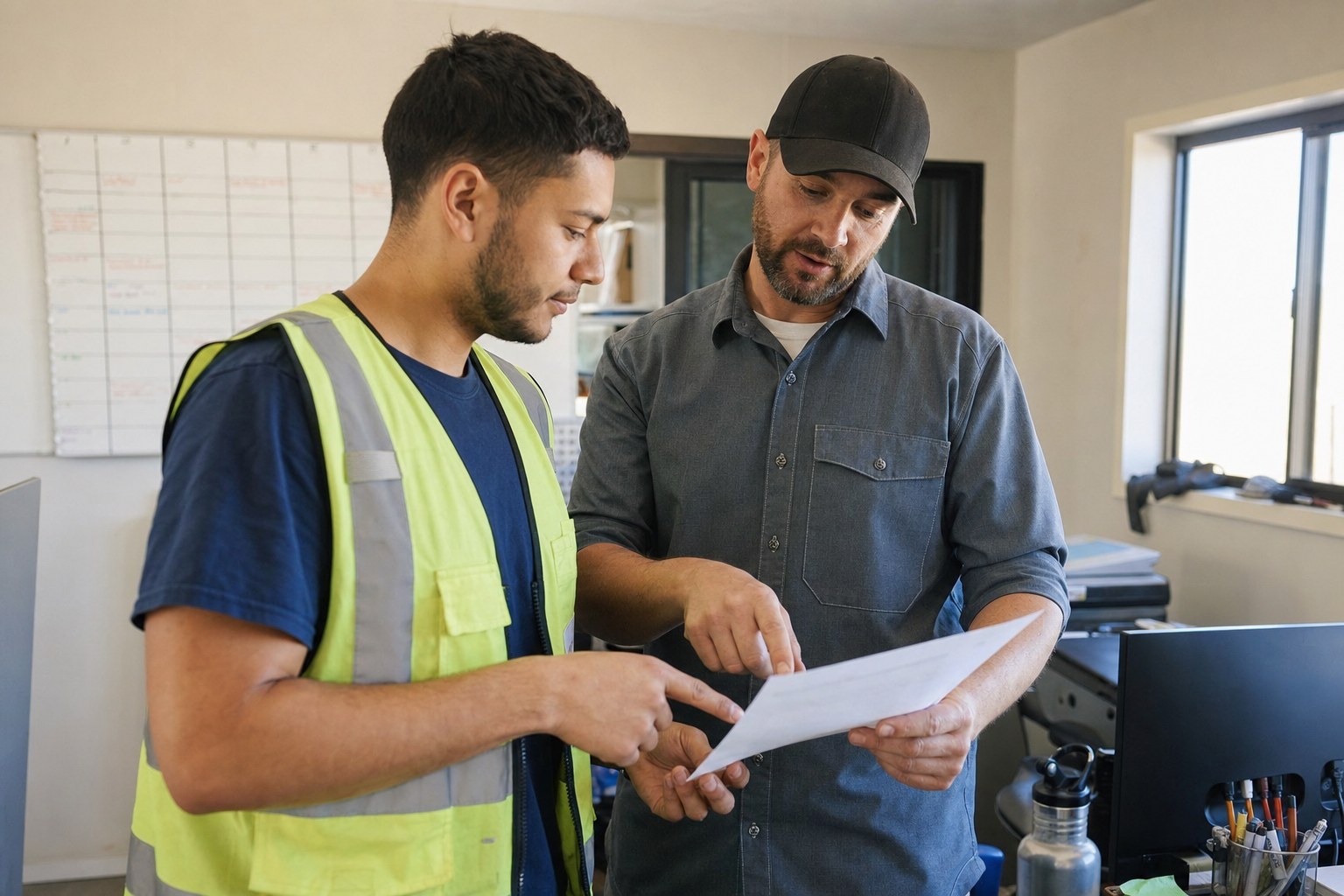 A supervisor and team member reviewing a first-week plan together.