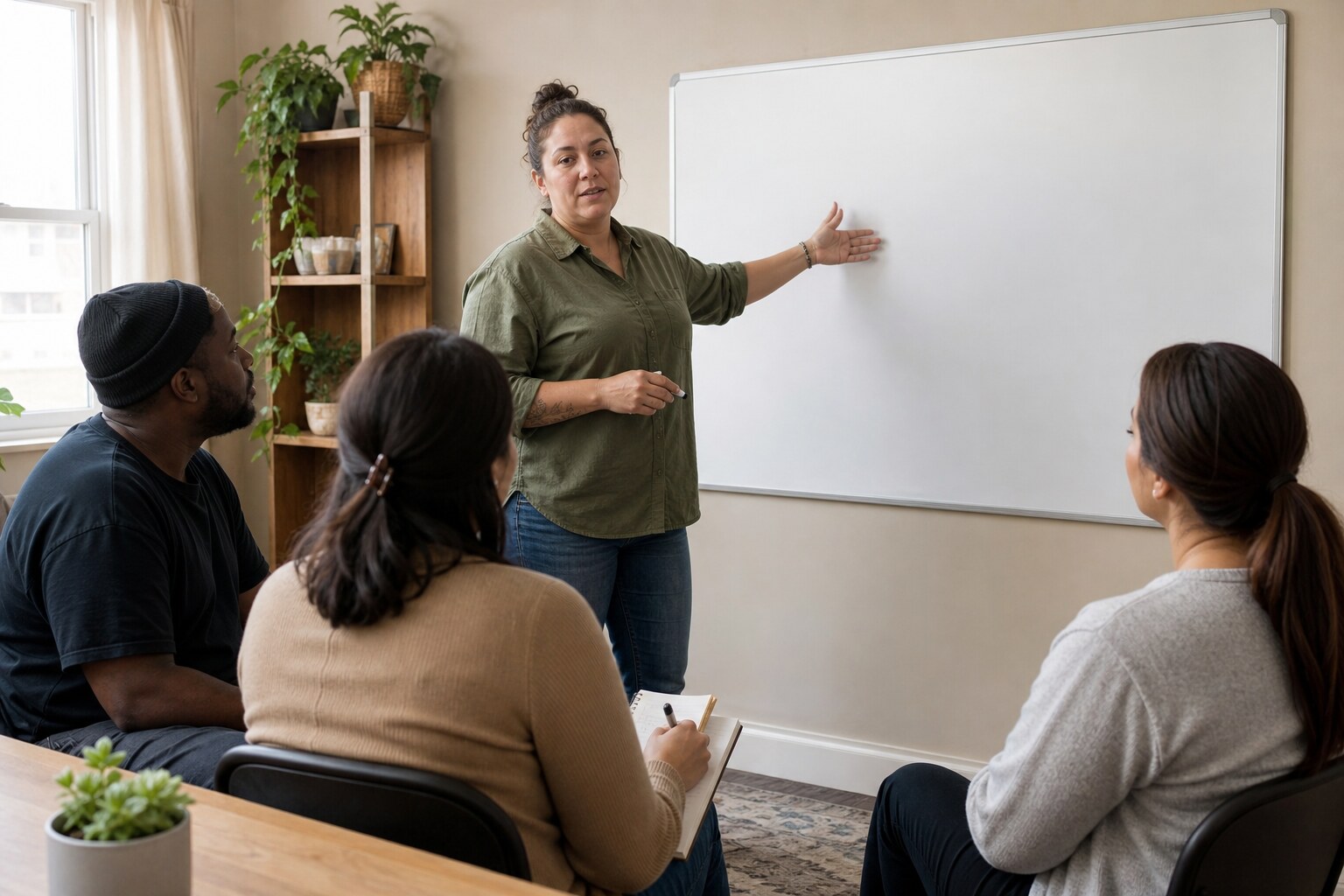 A frontline supervisor leading a small team conversation beside a blank whiteboard.