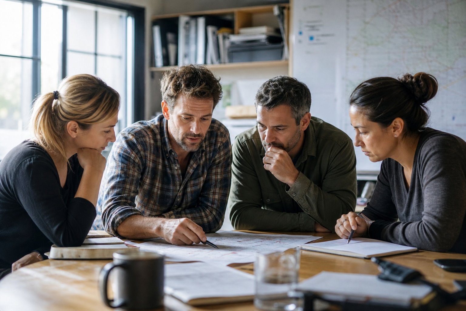 Four coworkers gathered closely around a shared work plan.