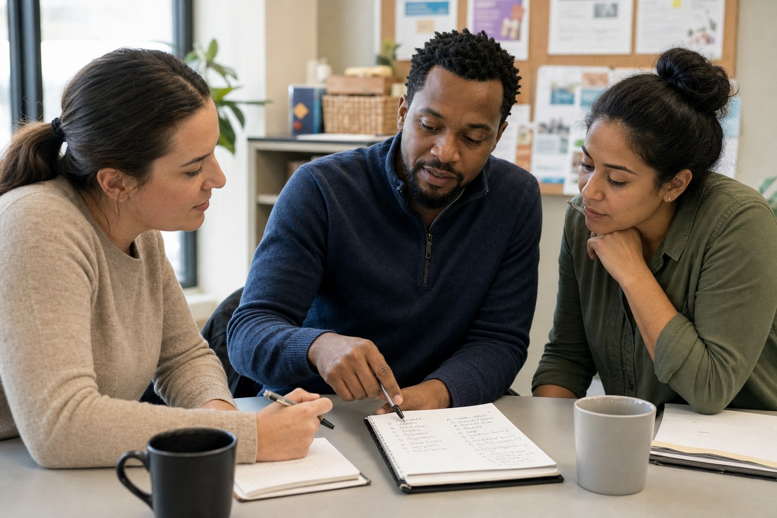 Three colleagues reviewing meeting notes together before a discussion.