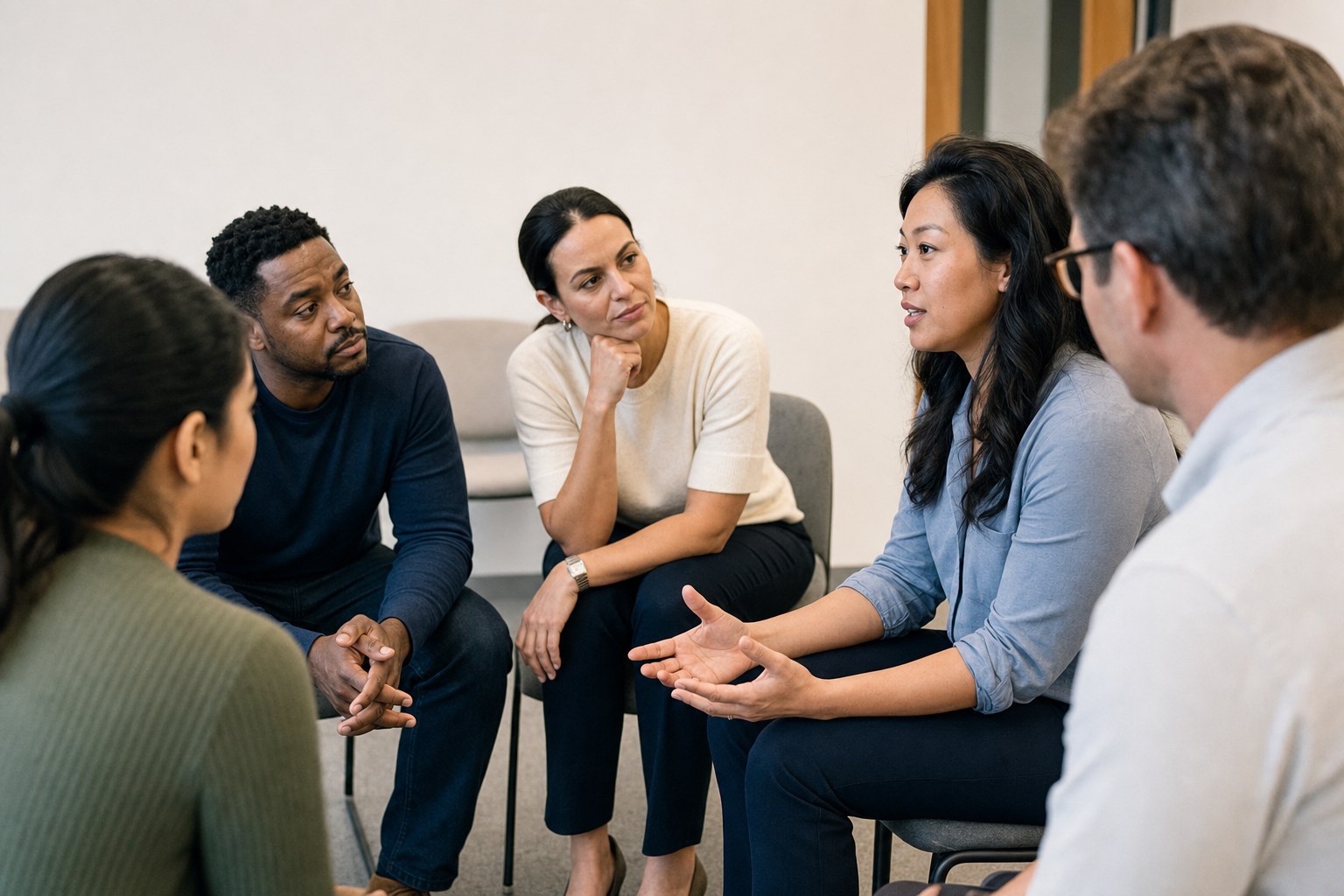 A team member sharing an idea while coworkers listen in a small group discussion.