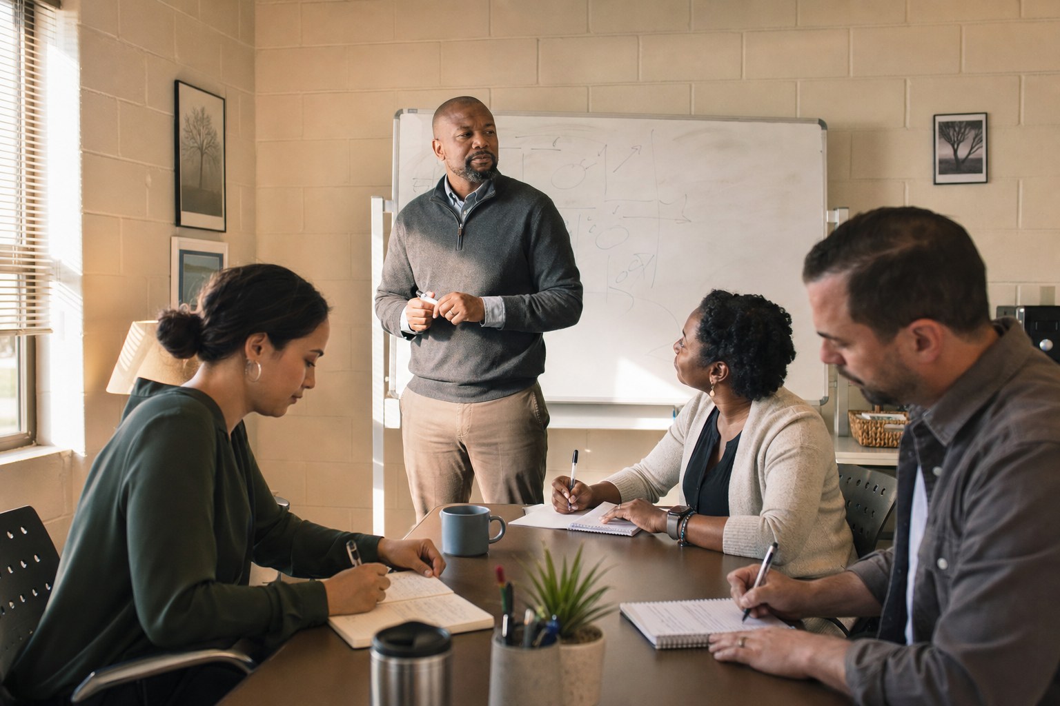 A leader and team reviewing action items on a whiteboard at the end of a meeting.