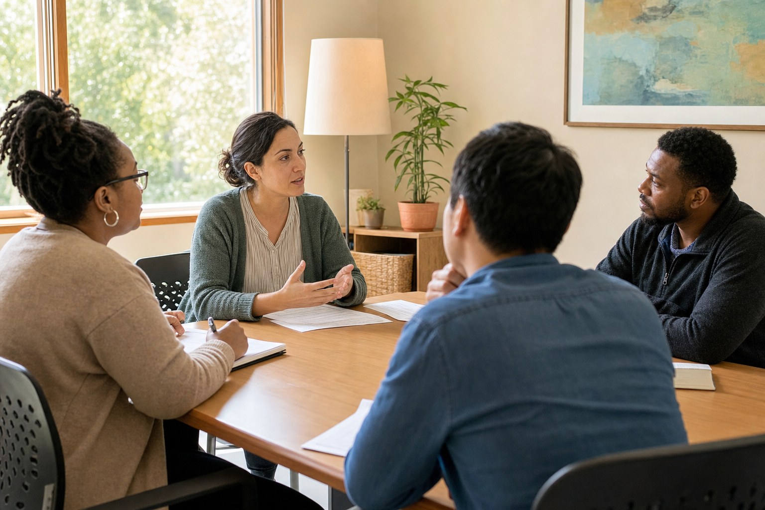 A small frontline team gathered around a table for a focused conversation.